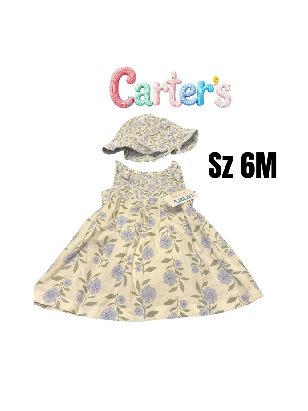 Carter's Cream Dress with Light Blue Floral Print and Matching Hat